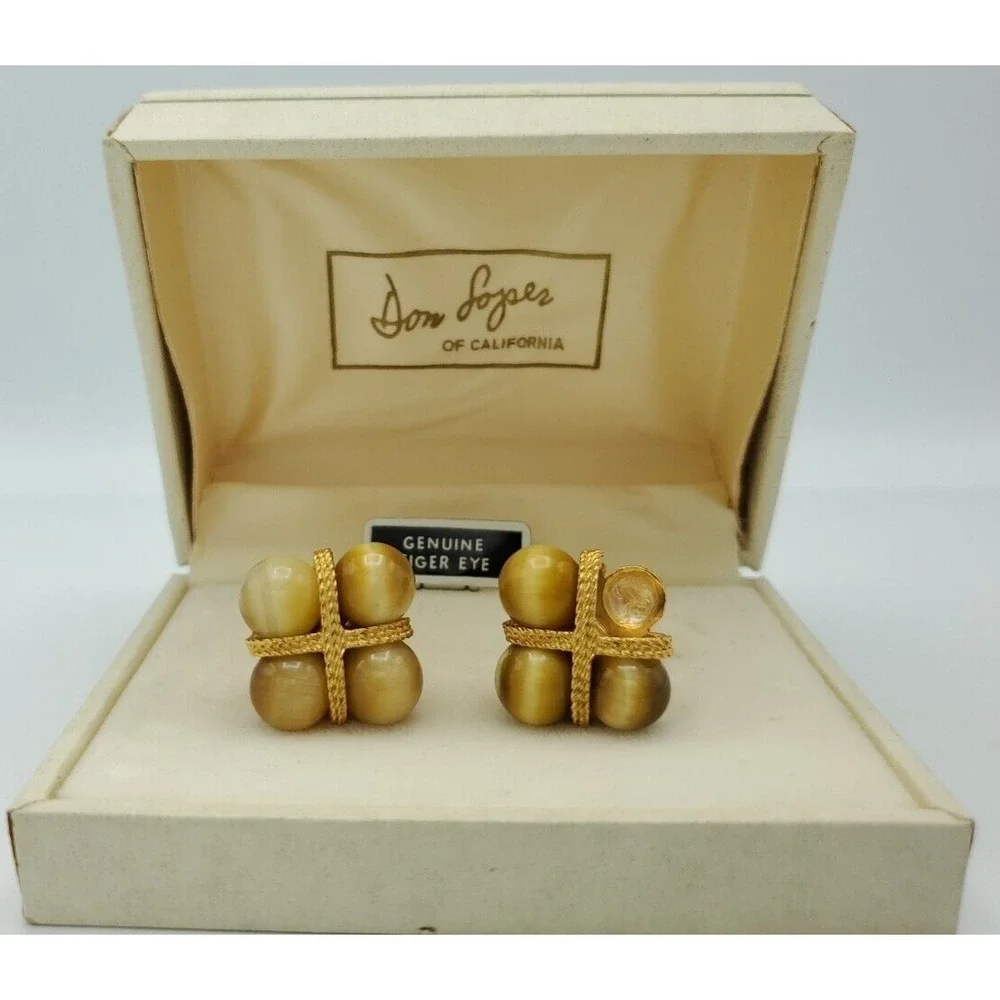 Vtg 1960's‎ Tiger Eye Cufflinks Don Loper of California Mens Goldtone Flaw Read